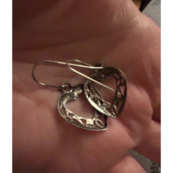 Sterling Silver 925 Cut Out Heart Vintage Dangle Earrings - Picture 5 of 9